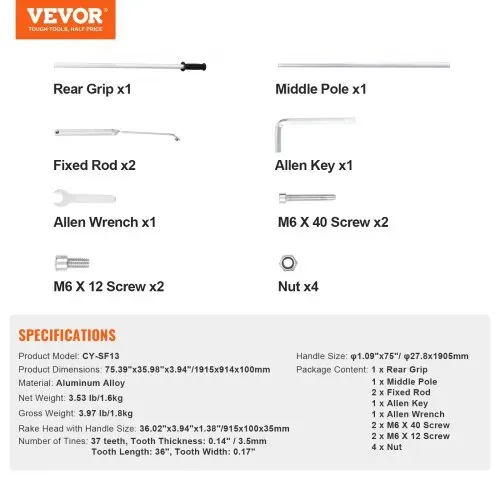 VEVOR Landschaftsrechen, 91,4cm Kopf, Aluminium-Landschaftsrechen, 190,5cm, verstellbarer Griff – Bild 6
