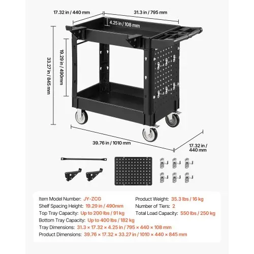 VEVOR Servicewagen Werkstattwagen Werkzeugwagen PP 1010x440x845mm Schwarz, Rollwagen mit 250kg Tragkraft, Inkl. 2 Ebene Rollen Lochwand Haken & Griff mit Ablagefach, Allzweckwagen für Garage Werkstatt – Bild 6