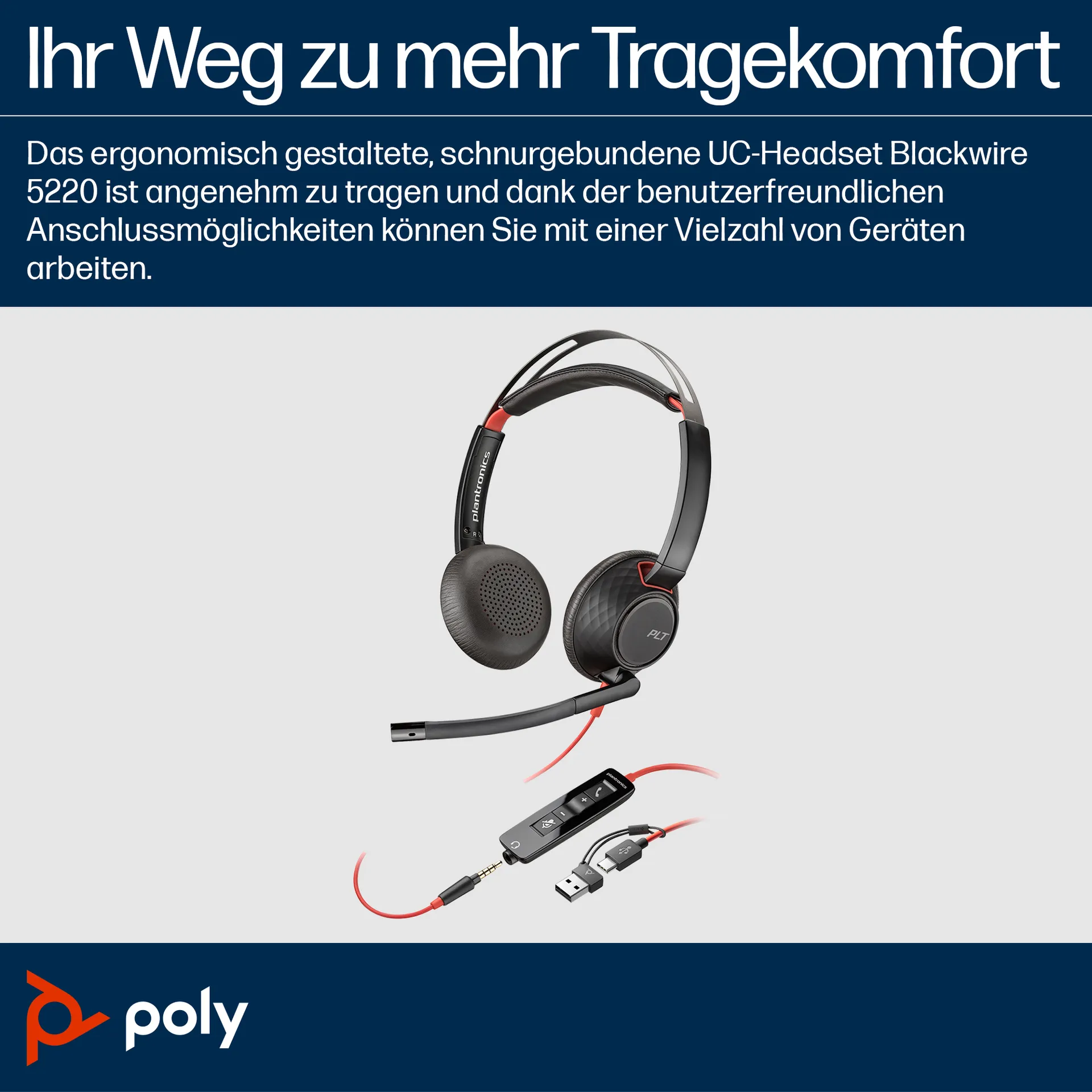 HP Poly Blackwire 5220 USB-C Stereo-Headset + 3.5-mm-Stecker + USB-C/A-Adapter – Bild 3