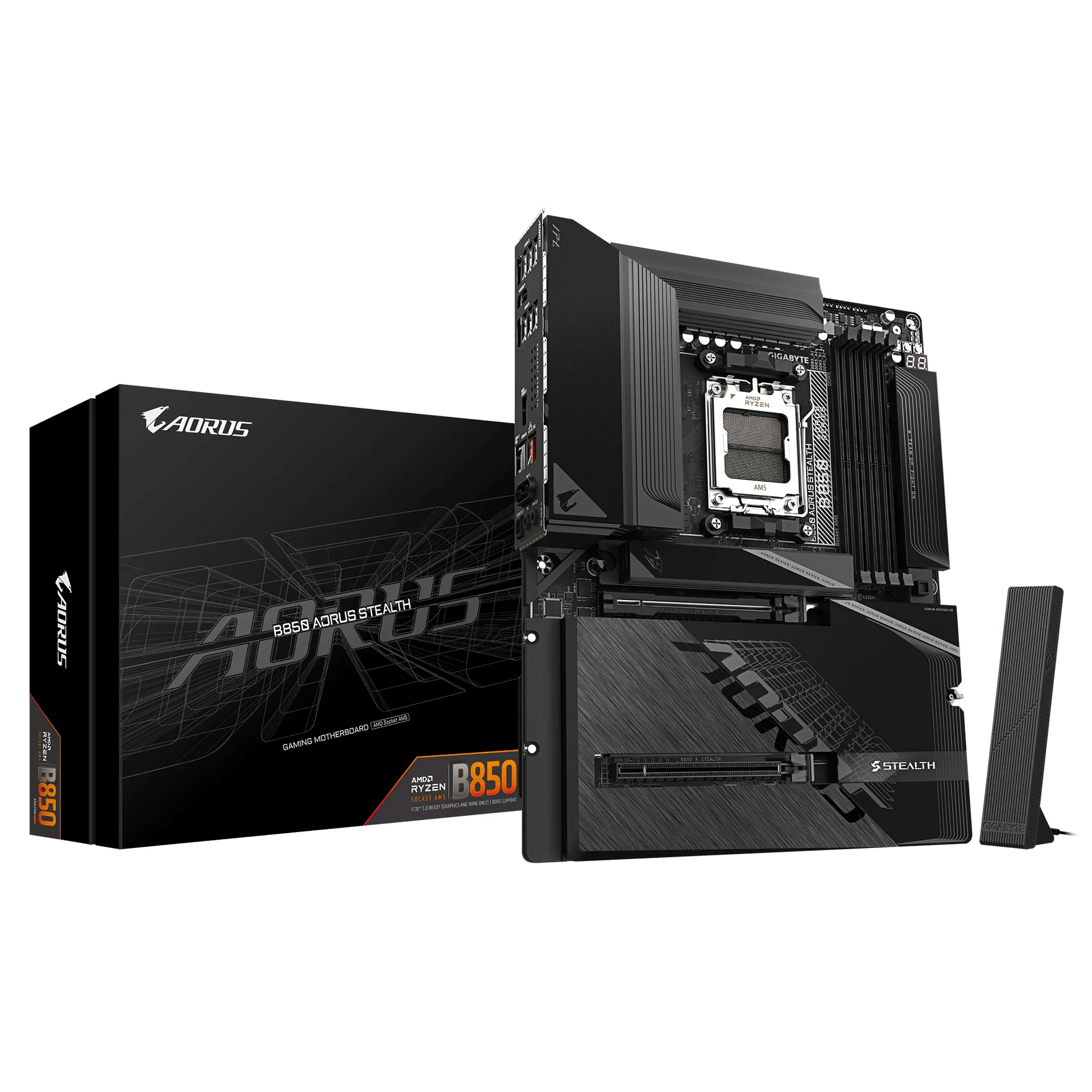 GIGABYTE B850 AORUS STEALTH Mainboard – AMD Ryzen 9000 Series CPUs, digitales 14+2+2-Phasen-VRM, bis zu 8200 MHz DDR5 (O.C.), 2× PCIe-5.0-M.2 + 2× PCIe-4.0-M.2, Wi-Fi 7, 5-GbE-LAN, USB 3.2 Gen 2 GIGABYTE B850 AORUS STEALTH Mainboard – AMD Ryzen 9000 Series CPUs, digitales 14+2+2-Phasen-VRM, bis zu 8200 MHz DDR5 (O.C.), 2× PCIe-5.0-M.2 + 2× PCIe-4.0-M.2, Wi-Fi 7, 5-GbE-LAN, USB 3.2 Gen 2