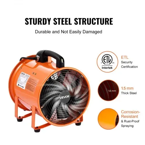 VEVOR Bauventilator 300-W-AC-Motor Baugebläse 2830 U/min Baulüfter Gebläse 1720 CFM (2922 m3/h) Axiallüfter 10 m Schlauch Axialgebläse 79 dB Geräuschpegel Industrielüfter IP44 – Bild 2