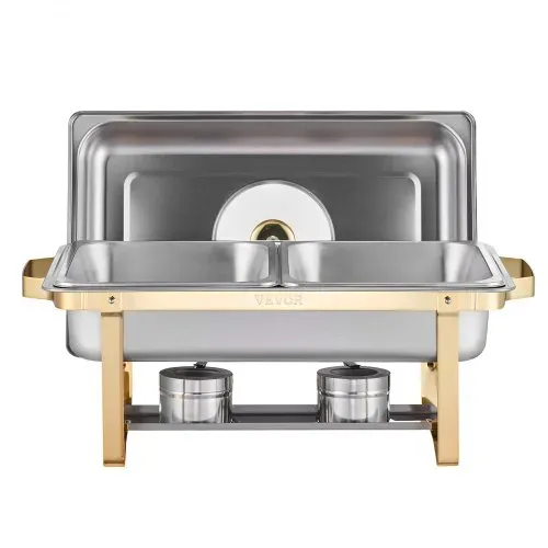 VEVOR Chafing Dish Set Speisenwärmer Edelstahl mit 4 Behältern in halber Größe (4 L pro), rechteckiger Wärmespender mit sichtbarem Deckel & Wasserpfannenständer & Brennstoffhalter, für Partys – Bild 8