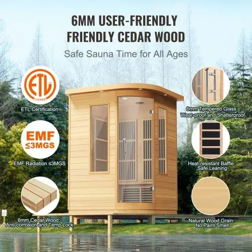 VEVOR Ferninfrarot-Holzsauna, Sauna-Spa für Zuhause, für 2 Personen, Niedrige EMF-Ferninfrarot-Sauna mit gehärteter Glastür & LED-Mehrfarbenlampe & Bluetooth-Lautsprechern, 2 kW für den Innenbereich – Bild 4