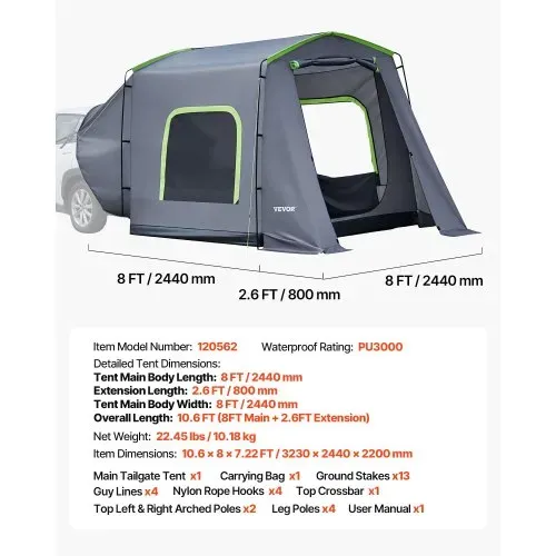 VEVOR Heckklappenzelt Autozelt für 5-9 Personen 323 x 244 x 220 cm, Wasserdichtes (PU3000 mm) Campingzelt mit Belüfteten Türen & Moskitonetzen, SUV-Heckzelt für Camping Wandern Outdoor-Aktivitäten – Bild 6