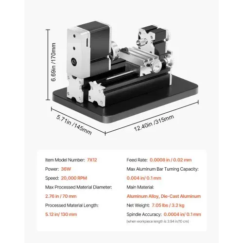 VEVOR Mini-Drehmaschine aus Metall 70x130 mm, Fräsmaschine 20000 U/min, 36 W Hochleistungsmotor, 3-Backenfutter, didaktische Metalldrehmaschine mit Schutz für die Bearbeitung von Präzisionsteilen – Bild 6