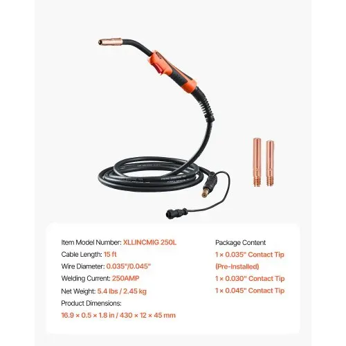 VEVOR 250-A-MIG-Schweißpistole mit 4,6 m Kabel, Schweißbrenner kompatibel mit LincoIn Power MlG 200, 215, 216, 255 & Wire-Matic 255 Schweißgeräten, geeignet für 0,0889/0,1143cm Schweißdrähte – Bild 6