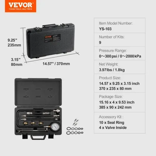 VEVOR Kompressionsmesser Kompressionstester Kompressionsprüfer Testgerät Kompressionsmessgerät mit Manometer Benzinmotor 0–300 PSI und 0–2000 kPa Verdichtungsmesser inkl. 3x Adapter – Bild 6