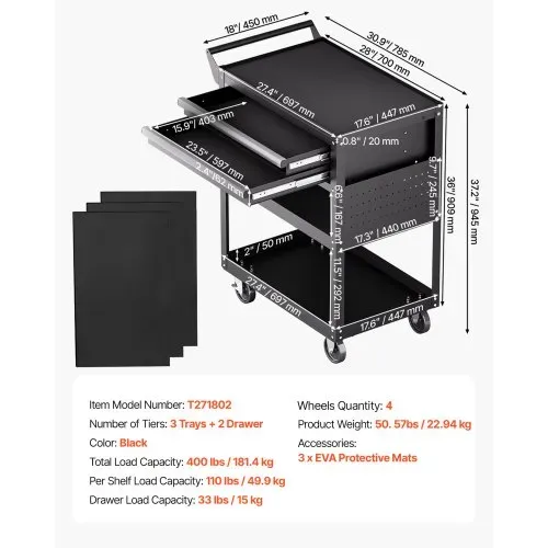 VEVOR Werkzeugwagen 785x450x945 mm, 181 kg Tragkraft, Werkstattwagen mit 2 Schubladen, Aufbewahrungs-Organizer für Mechanikerwerkzeuge, für Garage, Lager & Reparaturwerkstatt, Schwarz – Bild 6