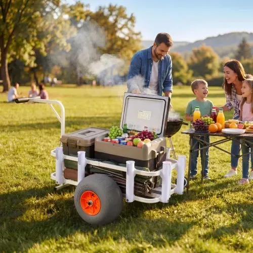 VEVOR Angelwagen Faltbar, 136kg Belastbarer Bollerwagen mit 2 PU-Luftreifen für All-Terrain, Transportwagen mit Alugestell & 8 Rutenhaltern, Multifunktionale Transportkarre für Angeln Camping Strand – Bild 7