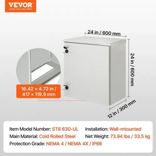 VEVOR Schaltschrank Elektrogehäuse, 600x600x300 mm, NEMA 4 Außengehäuse, IP66 wasserdicht & staubdicht, kaltgewalzter Stahl, klappbare Anschlussdose für den Innen- & Außenbereich, mit Regenschutz – Bild 6
