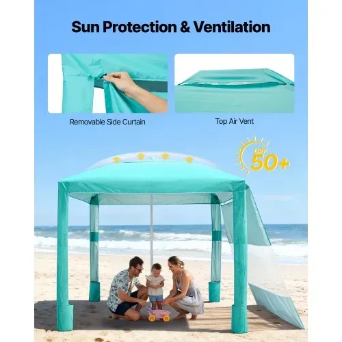 VEVOR Strand-Cabana, 2,4 x 2,4 m Strandzelt mit Seitenwand, UPF 50+ Sonnenschutz, Strandpavillon mit Sandsäcken, höhenverstellbarer & tragbarer Sonnenschutz für Familie und Freund, Grün – Bild 3