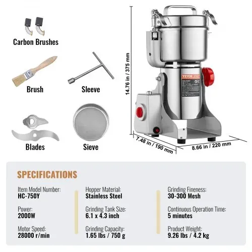 VEVOR 750g elektrische Getreidemühle, Hochgeschwindigkeits-Gewürzmühlen mit 2000 W, Pulverisiermaschine aus Edelstahl, für trockene Körner, Gewürze, Müsli, Kaffee, Mais, Pfeffer, Schwenktyp – Bild 6