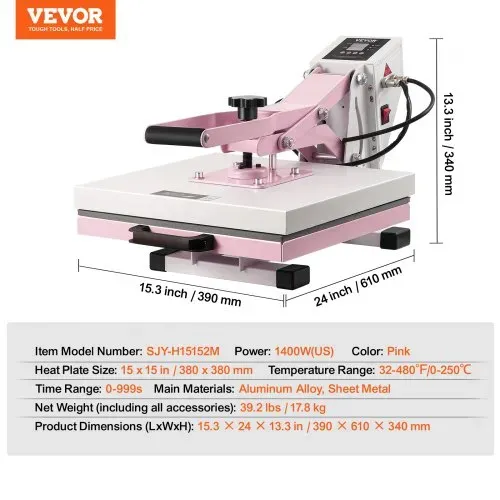 VEVOR Wärmepresse, 15 x 15 Zoll digitale Wärmepresse, herausziehbare Wärmeübertragungsmaschine, schnelles und gleichmäßiges Aufheizen, 2-lagige Isolierbaumwolle, Wärmeübertragungsmaschine für T-Shirts/Kissen/Taschen, Rosa – Bild 6
