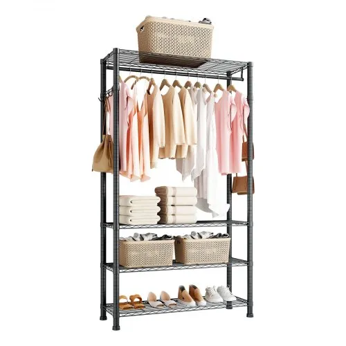 VEVOR Kleiderständer Garderobenständer (höhenverstellbar) aus Karbonstahl mit 1 Kleiderstange & 227 kg Tragkraft & 4 Regalen & 8 Haken, für Schlafzimmer Bekleidungsgeschäft Garderobe Flur VEVOR Kleiderständer Garderobenständer (höhenverstellbar) aus Karbonstahl mit 1 Kleiderstange & 227 kg Tragkraft & 4 Regalen & 8 Haken, für Schlafzimmer Bekleidungsgeschäft Garderobe Flur