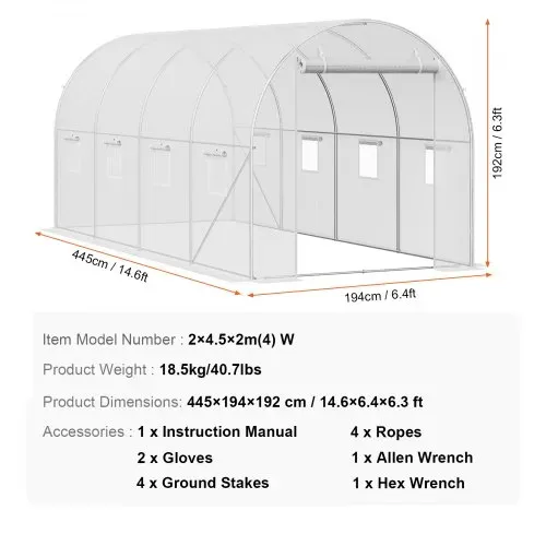 VEVOR begehbares Tunnel-Gewächshaus, 4,4 x 1,9 x 1,9 m, Foliengewächshaus-Tunnel, Pflanzen-Gewächshaus mit verzinktem Stahlrahmen, weißer PE-Abdeckung, aufrollbarer Reißverschlusstür und 8 Fenstern für den Außenbereich – Bild 6