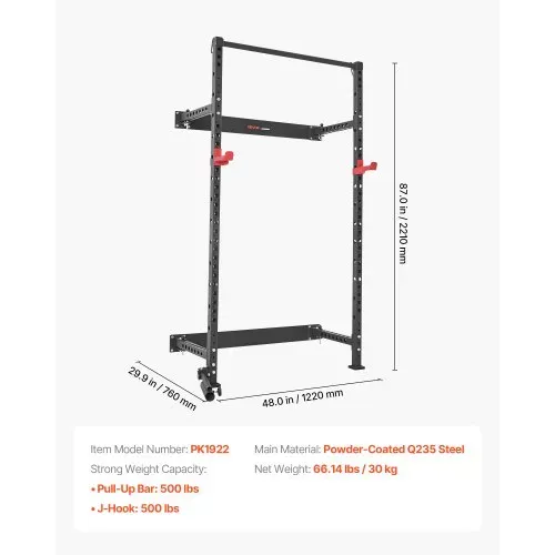 VEVOR Power Cage Klappbar 454 kg Belastbar, Wandmontiertes Power Rack, Multifunktionales Krafttrainingsgerät mit Landminenbefestigung & verstellbaren J-Haken & Klimmzugstange für Heimfitnessstudio – Bild 6
