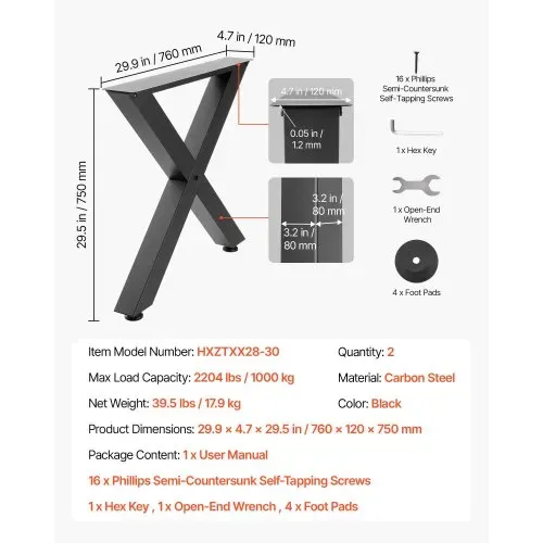 VEVOR Tischkufen 2er-Set 760x750 mm, X-Förmige Tischuntergestell 1000 kg, Tischbeine Kohlenstoffstahl, Möbelfüße, Tischgestell, Tischfüße für Schreibtische, Couchtische, Esstische, Schwarz – Bild 4