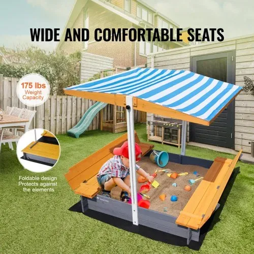 VEVOR Holzsandkasten mit Überdachung, Sandkasten, Sandgrube mit klappbaren Sitzbänken und Bodeneinlage, Naturholz-Sandkasten für Kinder für den Garten, Geschenk für Kinder im Alter von 3–12 Jahren – Bild 4