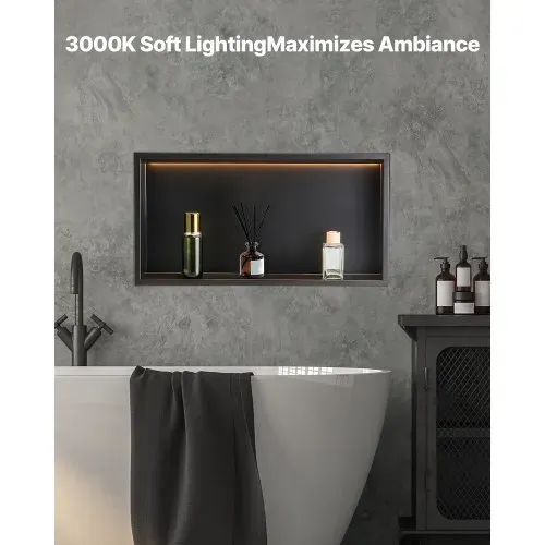 VEVOR Duschnische, 10,16x33,02x63,5 cm, versenkte Wandnische mit LED-Streifen, Shampoo-Aufbewahrungs-Organizer aus Edelstahl, langlebig & einfach zu installieren, schwarz für Badezimmer – Bild 3