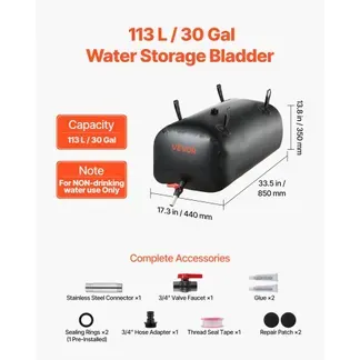 VEVOR Wasserspeicherblase, 113 L Wassersack mit Wasserhahn, Faltbarer & Tragbarer Wasserbeutel aus 1000D PVC, Wasserspeicher für Bewässerungssystem, Trockenheitsresistenz & Katastrophenfälle, Schwarz VEVOR Wasserspeicherblase, 113 L Wassersack mit Wasserhahn, Faltbarer & Tragbarer Wasserbeutel aus 1000D PVC, Wasserspeicher für Bewässerungssystem, Trockenheitsresistenz & Katastrophenfälle, Schwarz