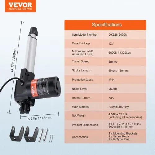 VEVOR 6000N Linear Actuator DC 12V Linearantrieb IP44 Elektrischer Linearmotor 150mm Hublänge Geräuschpegel ≤50dB Elektrische Türöffner 5mm/s Fahrgeschwindigkeit Lineartechnik Verstellantrieb – Bild 6