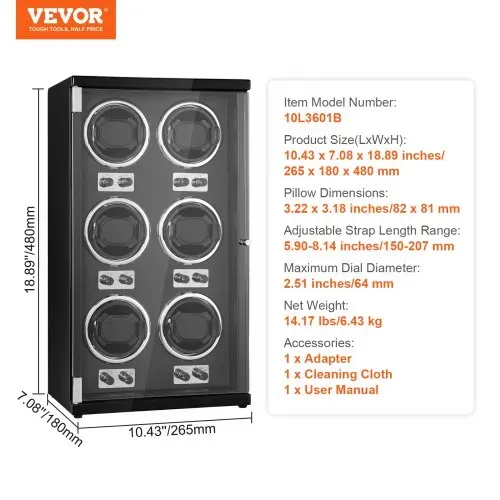 VEVOR Uhrenbeweger, Automatik-Uhrenbeweger, Watch Winder, Uhrenbeweger für Automatikuhren, Automatischer Uhrenbeweger mit Platz für 6 Uhren, LED Beleuchtung, 150–207 mm Einstellbare Riemenlänge – Bild 6