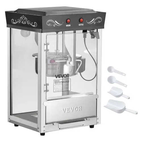 VEVOR Popcornmaschine mit Edelstahlkessel, 800 W kommerzieller Popcornmaker, 48 Tassen pro Ladung, Kinostil, mit 2-Tasten-Bedienung, Glaswand, PC-Tür, 1 Portionierer, 3 Löffel, Schwarz – Bild 8