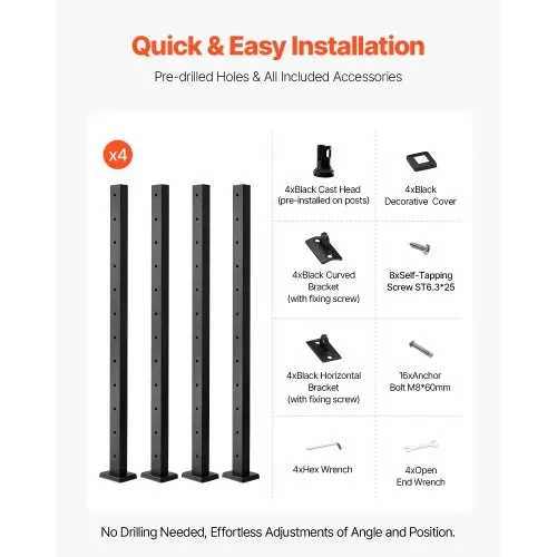 VEVOR Kabelgeländerpfosten, 4er-Pack, 1067x50,8x50,8 mm, vorgebohrtes horizontales Loch, Edelstahl SUS304, gebogene horizontale Halterung, für Handlauf, Balustrade, schwarz, 4JZLGZXHS106URZU0001V0 – Bild 5