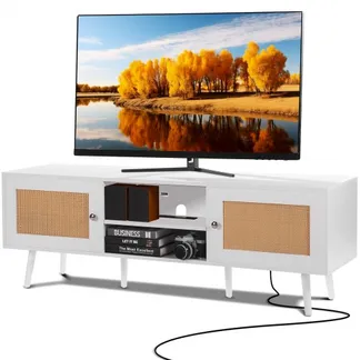 VEVOR Rattan-TV-Ständer für 165 cm Fernseher, Boho-TV-Ständer mit Rattantür, Fernsehschrank mit eingebauter Steckdose und USB-Anschlüssen, moderne TV-Konsole für Wohnzimmer, Medienraum, weiß VEVOR Rattan-TV-Ständer für 165 cm Fernseher, Boho-TV-Ständer mit Rattantür, Fernsehschrank mit eingebauter Steckdose und USB-Anschlüssen, moderne TV-Konsole für Wohnzimmer, Medienraum, weiß
