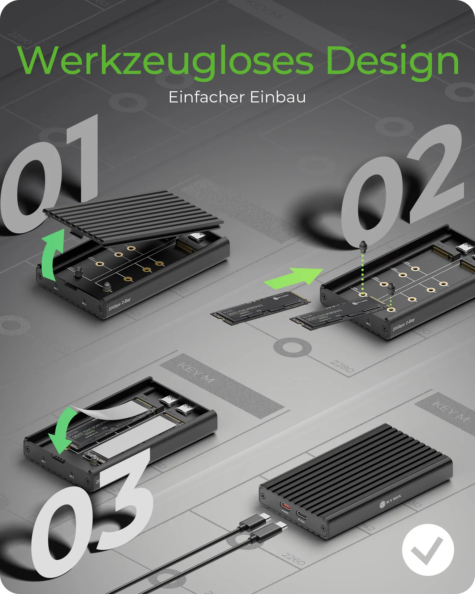 ICY BOX IB-2817M-C32, 2-fach M.2 PCIe NVMe Gehäuse, Host USB 3.2 Gen2x2 Type-C® 20 Gbit/s, für 22x30/42/60/80 mm M.2 SSD, Aluminium – Bild 2