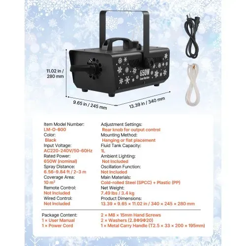 VEVOR Schneemaschine, 650-W-Schneekanone, Kunstschneeerzeuger, Schneeflockenmaschine, Kunstschneeflockenmaschine für den Innen- & Außenbereich für Feiertage, DJ-Partys, Weihnachtsdekoration – Bild 6