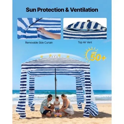 VEVOR Strand-Cabana, 183 x 183 cm Strandüberdachung mit Seitenwand, UPF 50+ Sonnenschutz, Strandpavillon mit Sandsäcken, tragbarer Sonnenschutz Sonnenschirm für Familie Freunde marineblaue Streifen – Bild 3