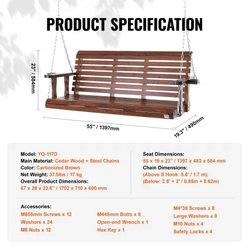VEVOR Hollywoodschaukel Zedernholz, 1702x710x600mm, Terrassenschaukel für Hof und Garten, verbesserte Tragkraft von ca. 400 kg, robuste Schaukelstuhlbank mit Aufhängeketten für den Außenbereich, braun – Bild 6