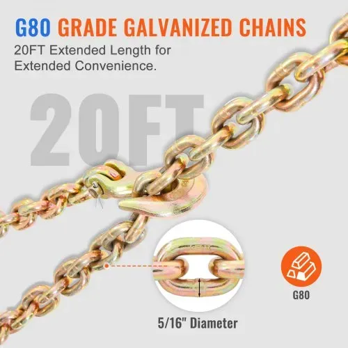 VEVOR Ratschen-Kettenbinder 2 Stück 3/8"-1/2" Hochleistungs-Lastbinder mit G80-Ketten 5443 kg sichere Belastungsgrenze, arbeitssparender Anti-Rutsch-Griff Spannkettenbinder für Tieflader-LKW-Anhänger – Bild 2