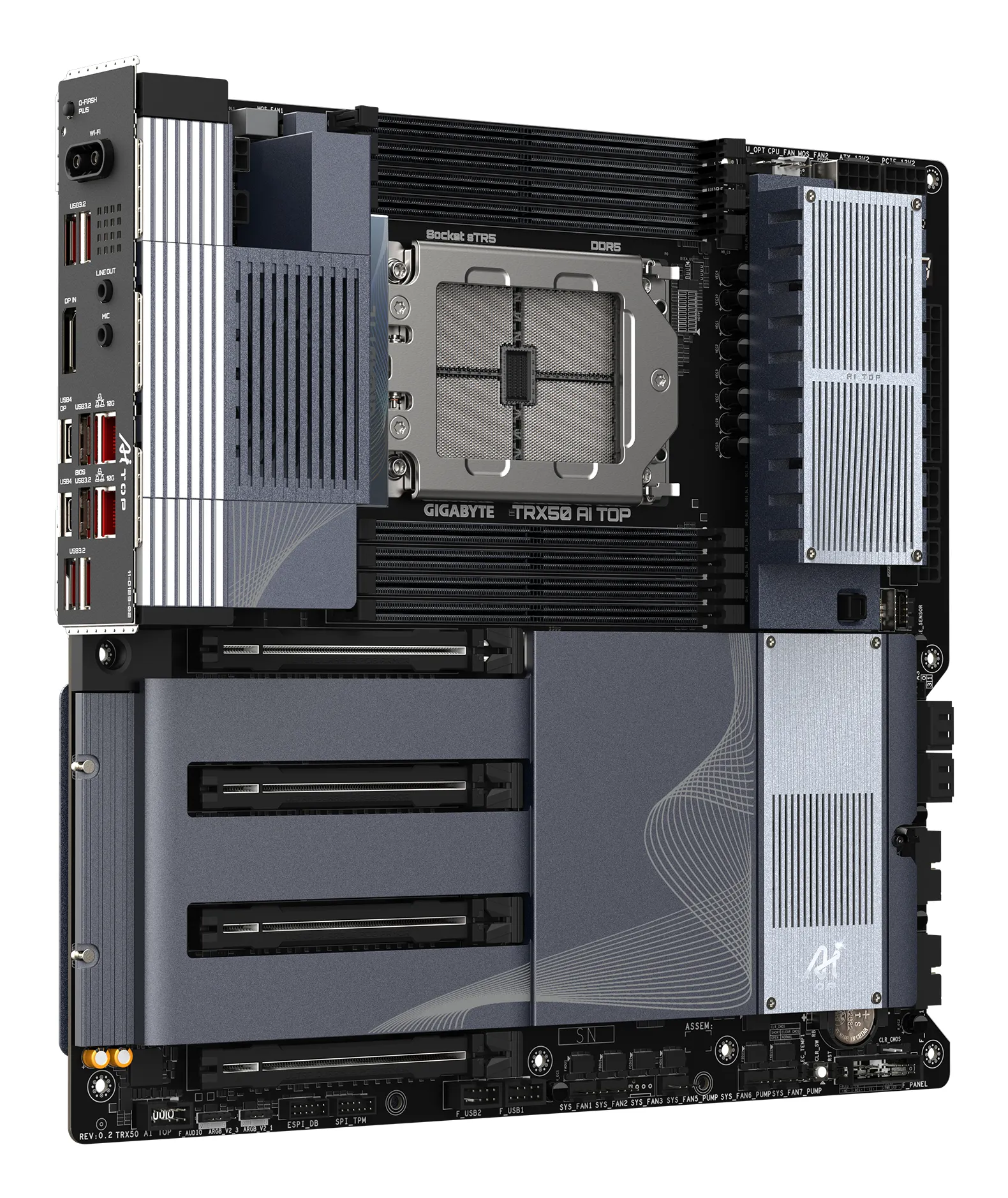 GIGABYTE TRX50 AI TOP-2B Mainboard – Unterstützt AMD Ryzen Threadripper PRO 7000 CPUs, digitales 16+8+4 Phasen VRM, bis zu 5200 MHz DDR5, 4 x PCIe 5.0 M.2, Wi-Fi 7, 10 GbE LAN, USB 4 – Bild 3