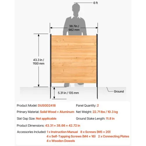 VEVOR Sichtschutzzaun Holz, 1100x982 mm, 2 Paneele, Lamellenzaun für Klimaanlagen, Umzäunung für Poolausrüstung mit Metallpfählen, Gartenzaun, Mülltonnenversteck für Außenbereich als Gartendekoration – Bild 6