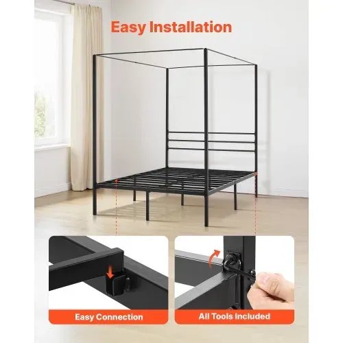 VEVOR Himmelbettrahmen (Full Size), Metallhimmelbett mit Himmelbett-Design (363 kg belastbar), robuste Stahllattenstütze (Quadrat), Stauraum unter dem Bett, kein Boxspring erforderlich, Schwarz – Bild 4