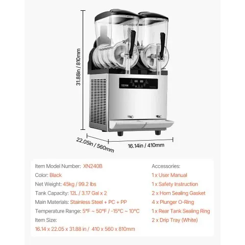 VEVOR kommerzielle Slusheis Maschine 12 L x 2 Doppeltank-Maschine für gefrorene Getränke, 96 Tassen Edelstahl Slush-Eis-Maschine mit Tastenfeld Softeis Maker für Partys Restaurants Cafés Bars – Bild 6