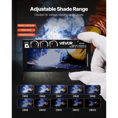 VEVOR Schweißlinse 108 x 51 mm, Echtfarbe, 5-13 einstellbare Tönung, Schutzbrille mit doppelten Lichtbogensensoren, kompatibel mit den meisten Schweißhelmen für WIG-, MIG-, MMA-Anwendungen – Bild 2
