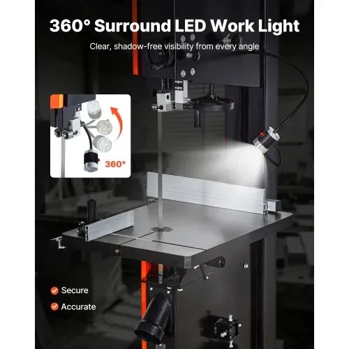 VEVOR Bandsäge, Schnittbreite 457 mm, Bandsäge mit 2240-W-Motor (3 PS), max. Schnitthöhe 406 mm, 690x510 mm Gusseisentisch, mit 360°-Arbeitsleuchte, Gehrungsanschlag, Parallelanschlag – Bild 4