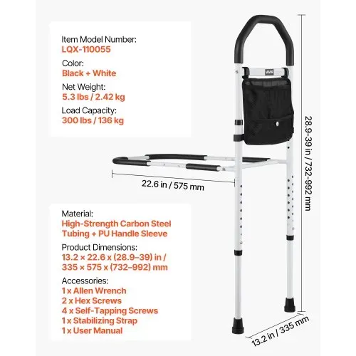 VEVOR Aufstehhilfe Bett, Haltegriffe mit Stützbein & PU-Handlauf, 732–992mm höhenverstellbarer Gehstock aus Karbonstahlrohr, Bett Einstiegshilfe für Kingsize-, Queensize-, Full- & Twin-Betten – Bild 6