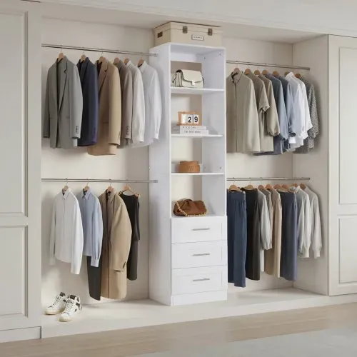 VEVOR Garderobenständer mit 3 Schubladen, verstellbarer Kleiderständer aus Holz, Kleiderschrankorganisation mit 4 ausziehbaren Kleiderstangen (575-1020 mm), Schranksystem für begehbare Garderoben – Bild 7