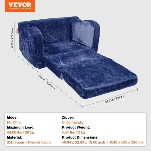 VEVOR Kindersofa 2 in 1 umwandelbares Kindersofa zum Liegestuhl, ausklappbarer Kindersofa-Sessel, Kleinkind Armlehnenstuhl-Bett, zusammenklappbares Kinderspielsofa, Kindercouch Blau 104 x 58 x 32 cm – Bild 6