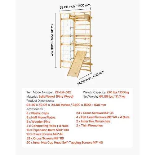 VEVOR schwedische Leiterwand 8 in 1 12-stufiges Kletterspielzeug aus Massivholz 100 kg belastbares Indoor-Klettergerüst mit Kletterbrett Turnringen Klimmzugstange Wandleiter Rutsche Schaukel – Bild 6