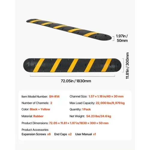 VEVOR 183 cm Kabelbrücke, 2-Kanal, Gummi Überfahrschutz, 9979 kg Tragfähigkeit, Bodenabdeckungen, Stolperschutz Rampe mit Dehnschrauben, für Asphaltbeton-Schotterauffahrten, 1 Stück – Bild 6