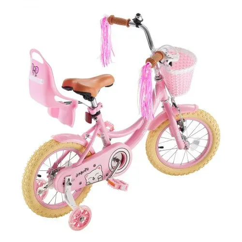 VEVOR Kinderfahrrad für 3-5 Straßenfahrrad 14 Zoll mit Stützrädern Rosa, Kinderrad für Mädchen, Kohlenstoffstahlrahmen, Doppelbremsen, Verstellbarer Sitz, mit Puppensitz & Korb, Prinzessin-Stil – Bild 8