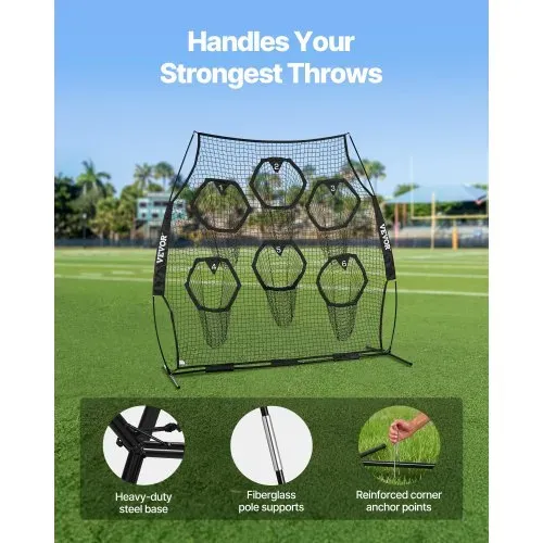 VEVOR Fußballtrainer Wurfnetz Übungsnetz (274 x 106 x 243 cm) mit 6 Zieltaschen & tragbarer Aufbewahrungstasche & Gurten, Wurfziel-Training für die Passgenauigkeit des Quarterbacks, Schwarz – Bild 3