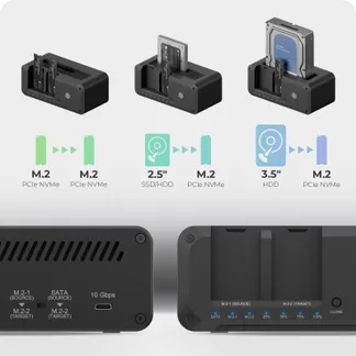 ICY BOX IB-2924MSCL-C31, Docking & CloneStation, klont 1x 2,5″/3,5″ zu 1x M.2 NVMe & M.2 NVMe zu M.2 NVMe, erkennt 3x Laufwerke über USB-C®/-A Host 10 Gbit/s ICY BOX IB-2924MSCL-C31, Docking & CloneStation, klont 1x 2,5″/3,5″ zu 1x M.2 NVMe & M.2 NVMe zu M.2 NVMe, erkennt 3x Laufwerke über USB-C®/-A Host 10 Gbit/s