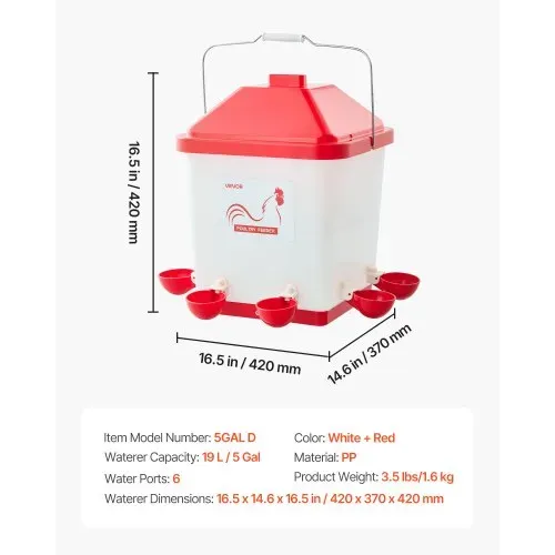 VEVOR Hühnertränke 19 L, Automatische Geflügeltränke mit 6 Wassernäpfen, Wasserspender, Schwerkrafttränke mit Griff & Dichtungsring, wasserdichtes PP-Material, verlustfreies Design, für Hühner – Bild 6