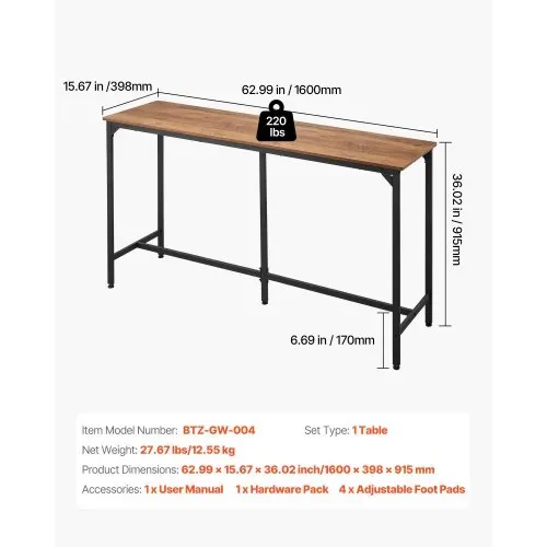 VEVOR Bartisch mit abgerundeten Kanten & ausziehbarem horizontalem Design, rechteckiger Kneipentisch Stehtisch (1600 x 398 x 915 mm), Bistrotisch Esstisch Hellbraun, Schwarz, geeignet für Minibar – Bild 2